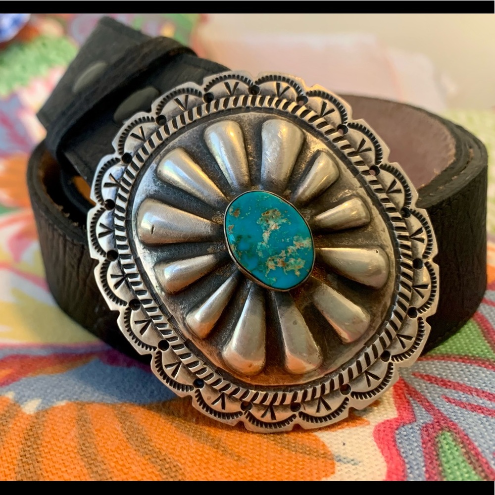 Vintage Navajo Silver and Turquoise Buckle with Black Ostrich Skin Belt